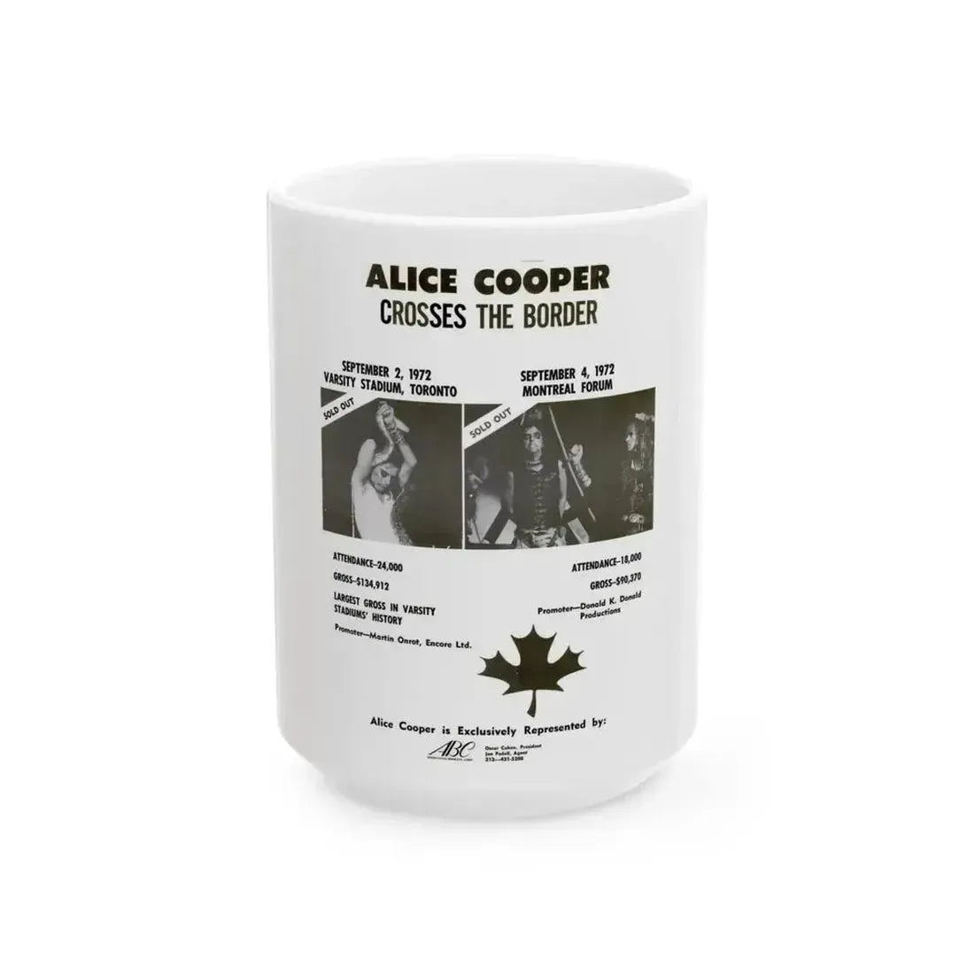 Alice Cooper Canada Tour 1972 (Music Poster) White Coffee Mug 15oz - Go Mug Yourself