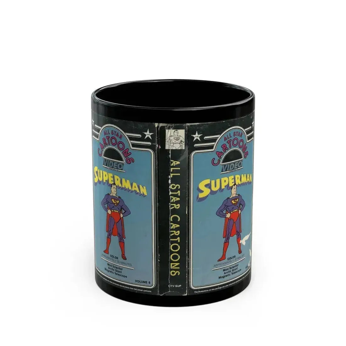 ALL STAR CARTOONS VIDEO FEATURING SUPERMAN (VHS COVER) - Black Coffee Mug 11oz - Go Mug Yourself