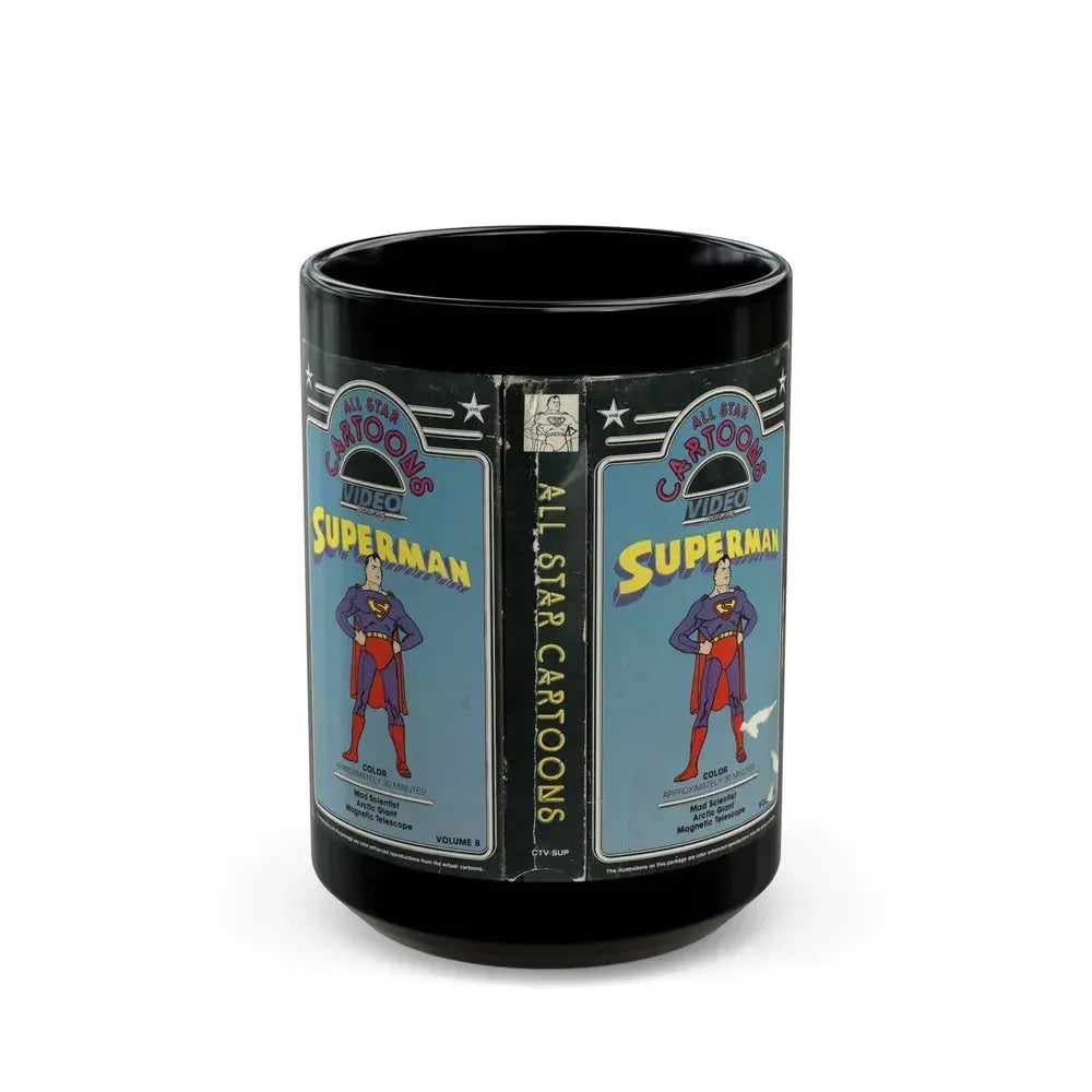 ALL STAR CARTOONS VIDEO FEATURING SUPERMAN (VHS COVER) - Black Coffee Mug 15oz - Go Mug Yourself