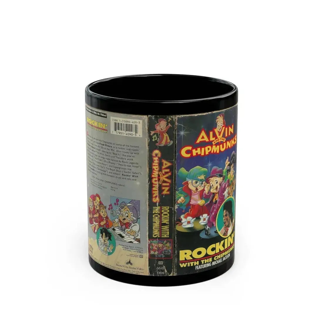 ALVIN AND THE CHIPMUNKS ROCKIN WITH THE CHIPMUNKS FEATURING MICHAEL JACKSON (VHS COVER) - Black Coffee Mug 11oz - Go Mug Yourself