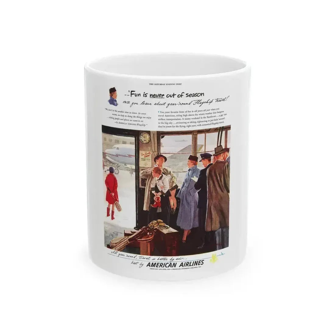 American Airlines ad, The Saturday Evening Post, 1949 - White Coffee Mug 11oz - Go Mug Yourself