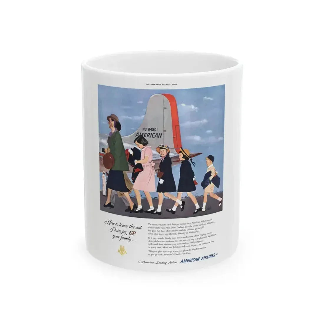 American Airlines ad, The Saturday Evening Post, 1951 - White Coffee Mug 11oz - Go Mug Yourself