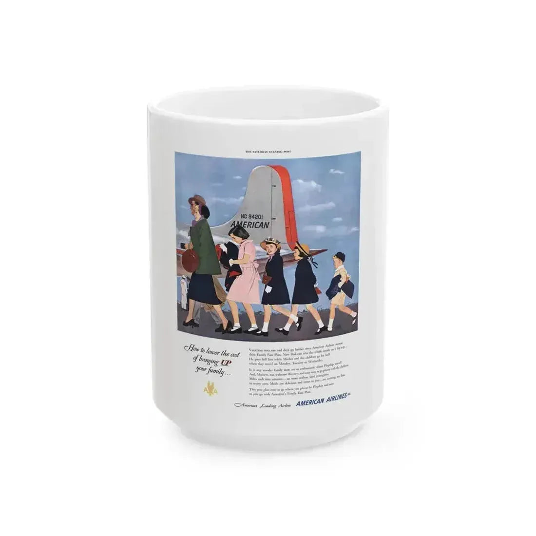 American Airlines ad, The Saturday Evening Post, 1951 - White Coffee Mug 15oz - Go Mug Yourself