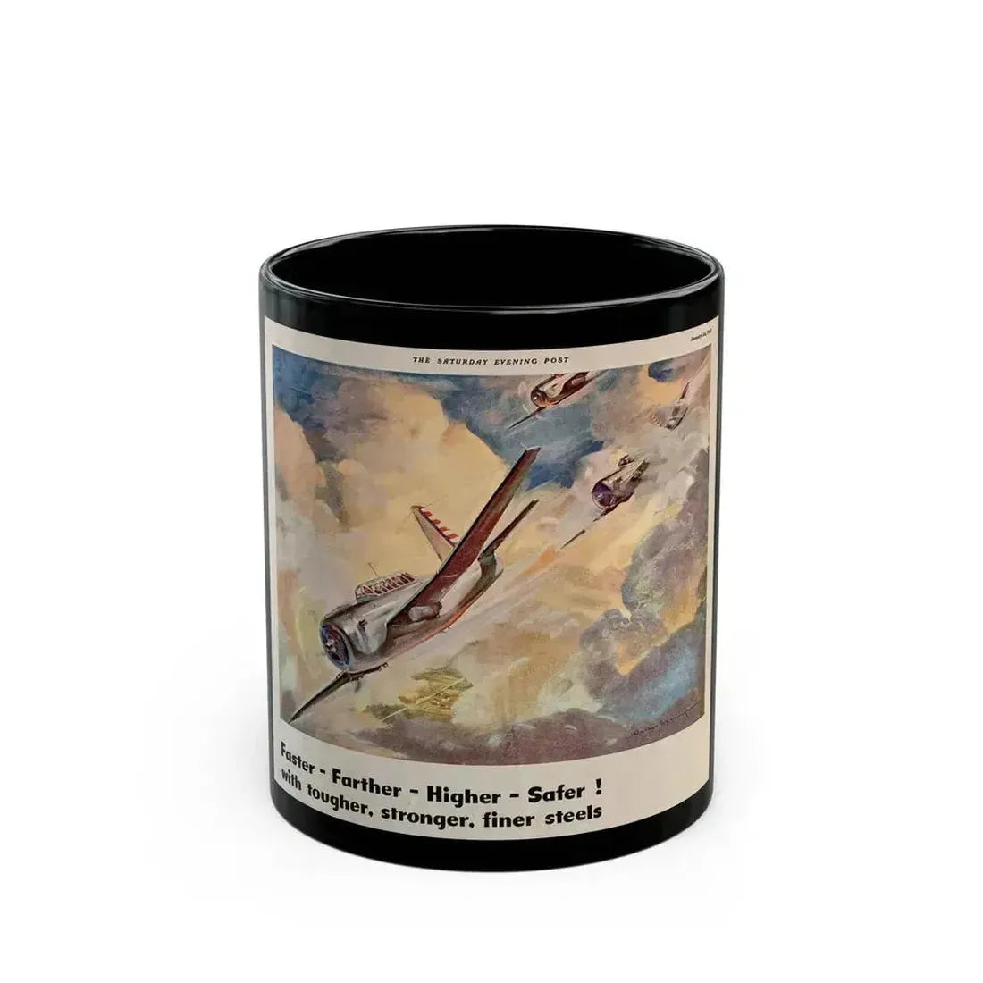 American Airpower, Republic Steel ad, The Saturday Evening Post, January 24, 1942 - Black Coffee Mug 11oz - Go Mug Yourself
