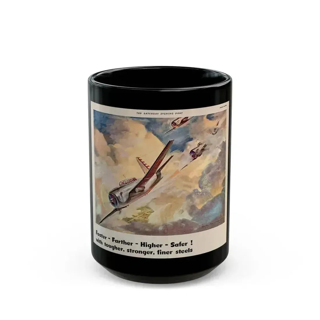 American Airpower, Republic Steel ad, The Saturday Evening Post, January 24, 1942 - Black Coffee Mug 15oz - Go Mug Yourself