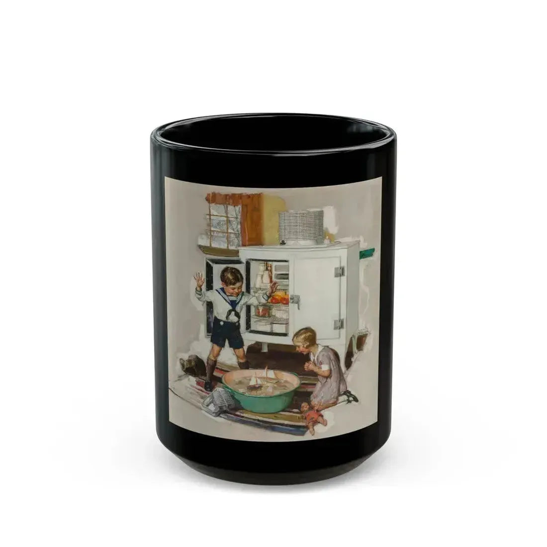 Among the Ice Cubes, General Electric refrigerator advertisement, 1931 - Black Coffee Mug 15oz - Go Mug Yourself