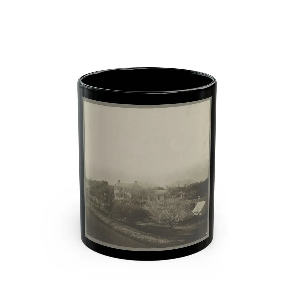 An Aerial View Of A House, Tents, And Other Buildings Partly Obscured By Trees (U.S. Civil War) Black Coffee Mug-11oz-Go Mug Yourself