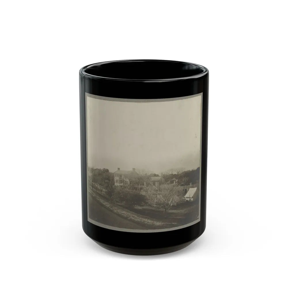 An Aerial View Of A House, Tents, And Other Buildings Partly Obscured By Trees (U.S. Civil War) Black Coffee Mug-15oz-Go Mug Yourself