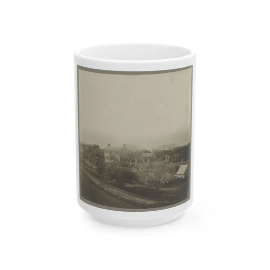 An Aerial View Of A House, Tents, And Other Buildings Partly Obscured By Trees (U.S. Civil War) White Coffee Mug-15oz-Go Mug Yourself