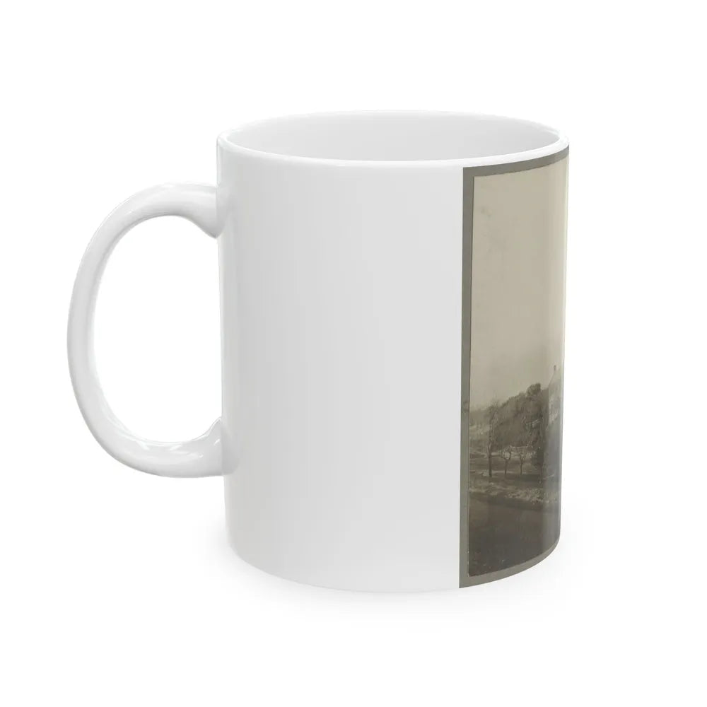 An Aerial View Of A House, Tents, And Other Buildings Partly Obscured By Trees (U.S. Civil War) White Coffee Mug-Go Mug Yourself