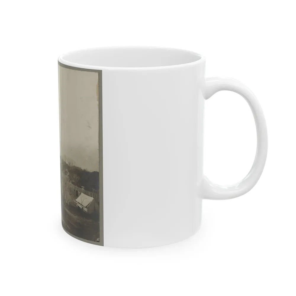 An Aerial View Of A House, Tents, And Other Buildings Partly Obscured By Trees (U.S. Civil War) White Coffee Mug-Go Mug Yourself