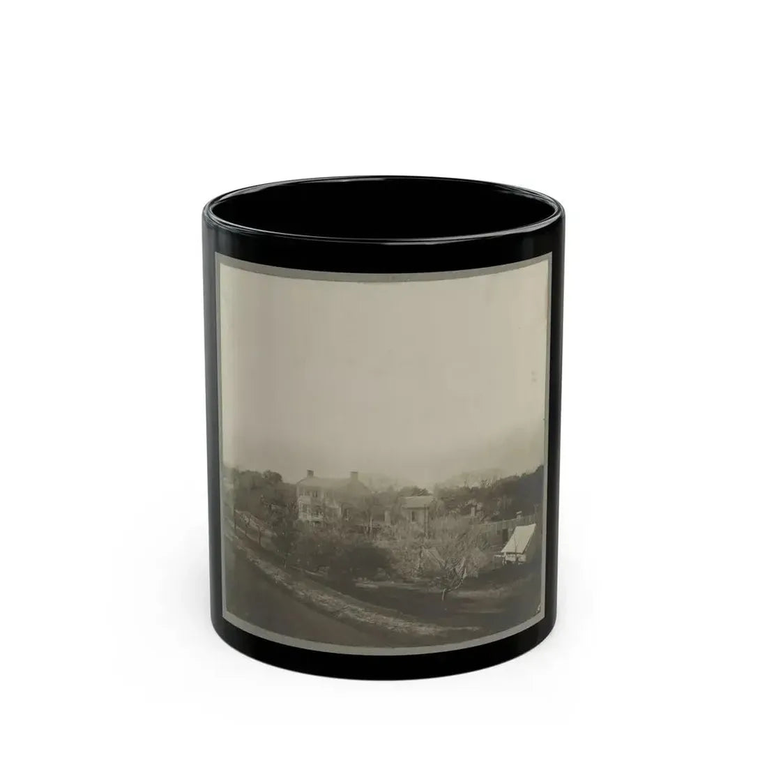 An Aerial View Of A House, Tents, And Other Buildings Partly Obscured By Trees (U.S. Civil War) Black Coffee Mug 11oz - Go Mug Yourself