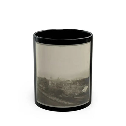An Aerial View Of A House, Tents, And Other Buildings Partly Obscured By Trees (U.S. Civil War) Black Coffee Mug 11oz - Go Mug Yourself