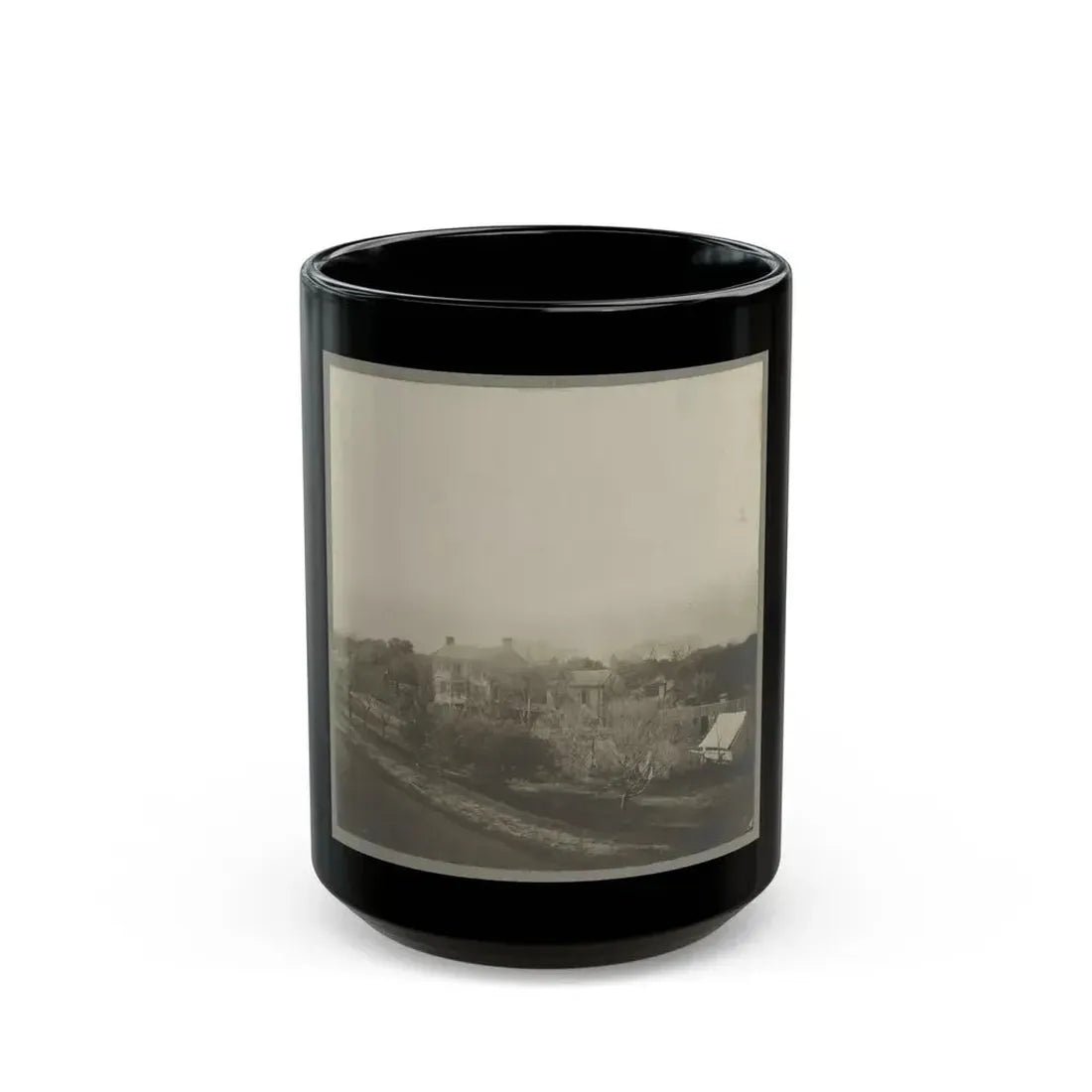 An Aerial View Of A House, Tents, And Other Buildings Partly Obscured By Trees (U.S. Civil War) Black Coffee Mug 15oz - Go Mug Yourself