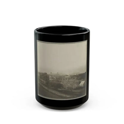An Aerial View Of A House, Tents, And Other Buildings Partly Obscured By Trees (U.S. Civil War) Black Coffee Mug 15oz - Go Mug Yourself
