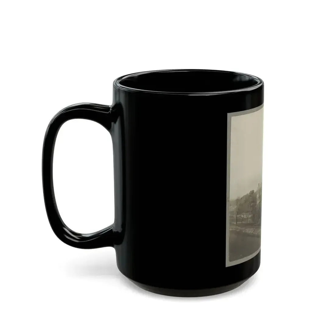 An Aerial View Of A House, Tents, And Other Buildings Partly Obscured By Trees (U.S. Civil War) Black Coffee Mug - Go Mug Yourself