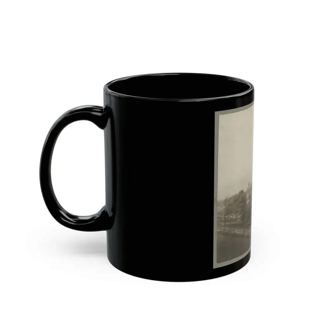 An Aerial View Of A House, Tents, And Other Buildings Partly Obscured By Trees (U.S. Civil War) Black Coffee Mug - Go Mug Yourself