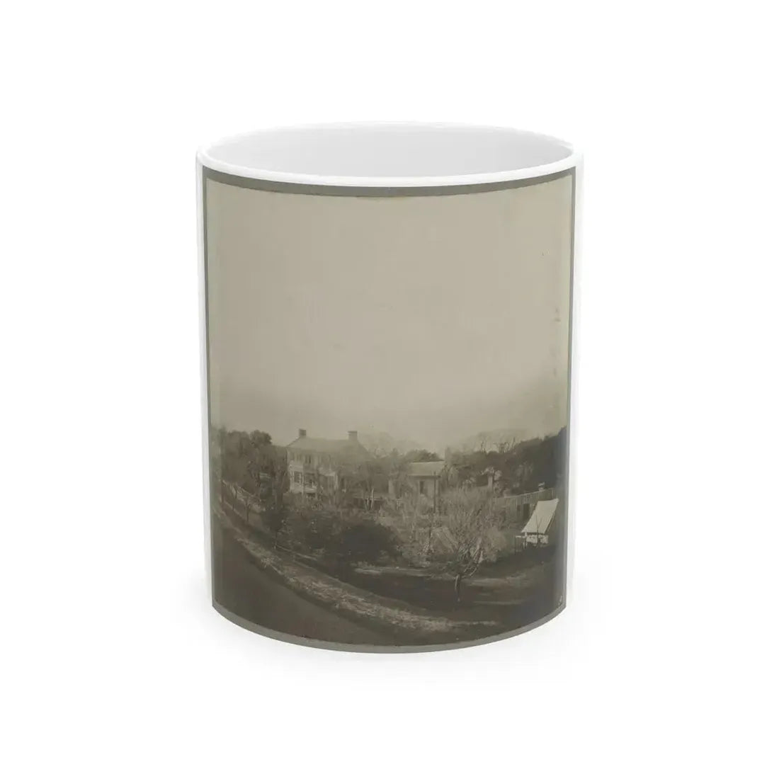 An Aerial View Of A House, Tents, And Other Buildings Partly Obscured By Trees (U.S. Civil War) White Coffee Mug 11oz - Go Mug Yourself