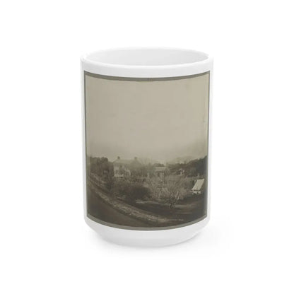 An Aerial View Of A House, Tents, And Other Buildings Partly Obscured By Trees (U.S. Civil War) White Coffee Mug 15oz - Go Mug Yourself