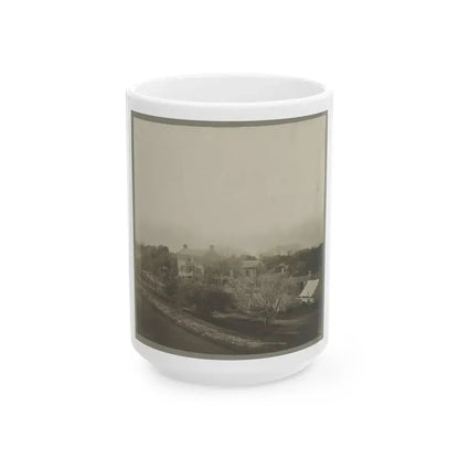 An Aerial View Of A House, Tents, And Other Buildings Partly Obscured By Trees (U.S. Civil War) White Coffee Mug 15oz - Go Mug Yourself