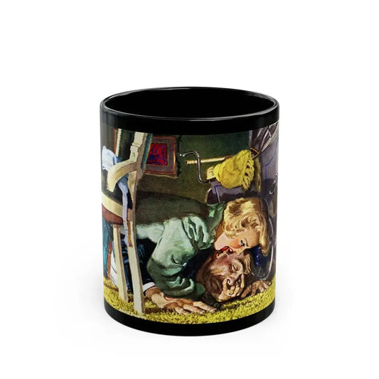 An overweight villain gets his comeuppance from a furious female, The Saturday Evening Post - Black Coffee Mug 11oz - Go Mug Yourself
