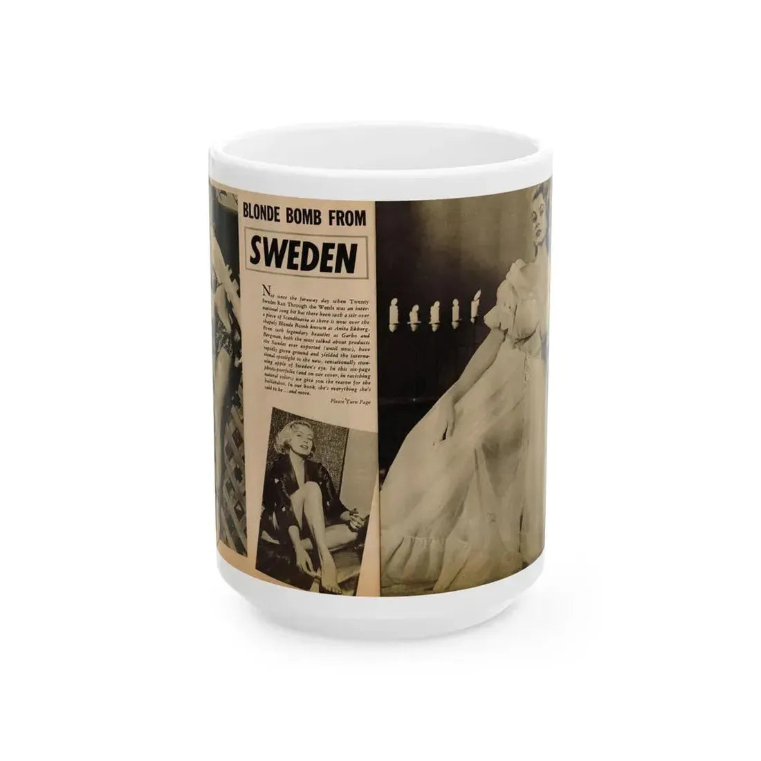 Anita Ekberg #318 - 2 Pages, 3 B&W Photos & Brief Article from Glamorous Models Mag. May '54 (Vintage Female Icon) White Coffee Mug 15oz - Go Mug Yourself