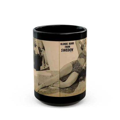 Anita Ekberg #319 - 2 Pages, 1 B&W Photo & 1 B&W Centerfold Photo from Glamorous Models Mag. May '54 (Vintage Female Icon) Black Coffee Mug 15oz - Go Mug Yourself