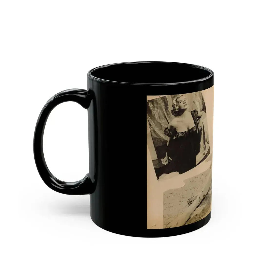 Anita Ekberg #319 - 2 Pages, 1 B&W Photo & 1 B&W Centerfold Photo from Glamorous Models Mag. May '54 (Vintage Female Icon) Black Coffee Mug - Go Mug Yourself