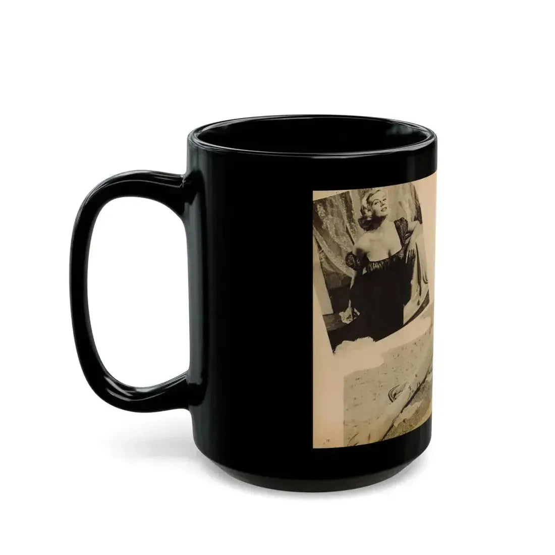 Anita Ekberg #319 - 2 Pages, 1 B&W Photo & 1 B&W Centerfold Photo from Glamorous Models Mag. May '54 (Vintage Female Icon) Black Coffee Mug - Go Mug Yourself