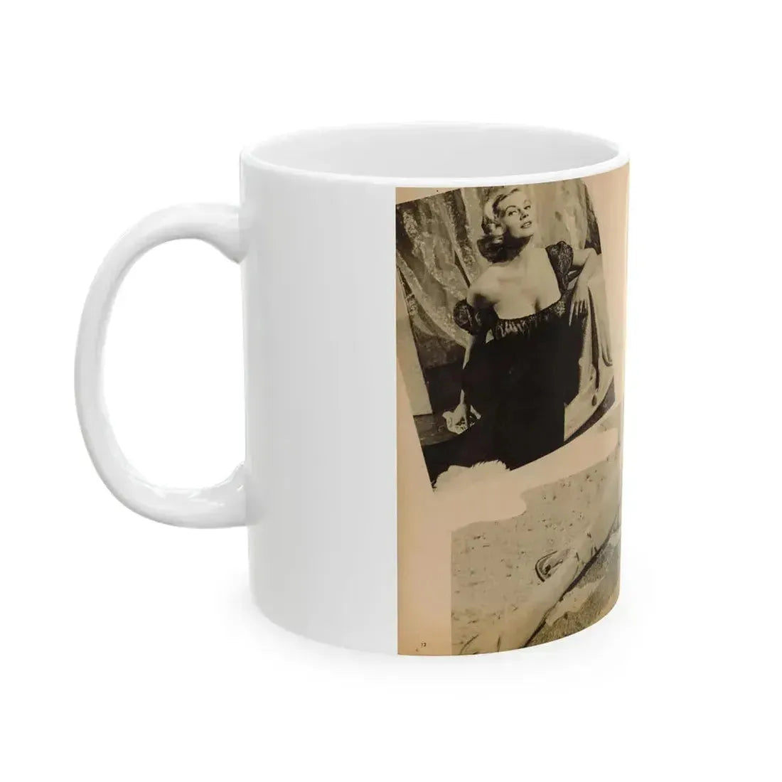 Anita Ekberg #319 - 2 Pages, 1 B&W Photo & 1 B&W Centerfold Photo from Glamorous Models Mag. May '54 (Vintage Female Icon) White Coffee Mug - Go Mug Yourself