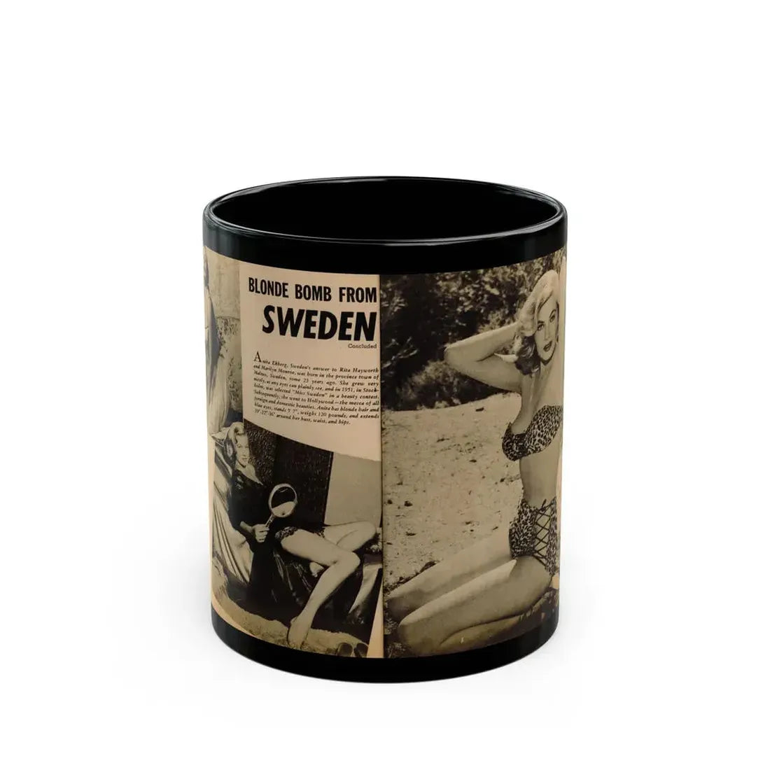 Anita Ekberg #320 - 2 Pages, 2 B&W Photos, 1 Full Page B&W Photo Brief Article concluded from Glamorous Models Mag. May '54 (Vintage Female Icon) Black Coffee Mug 11oz - Go Mug Yourself