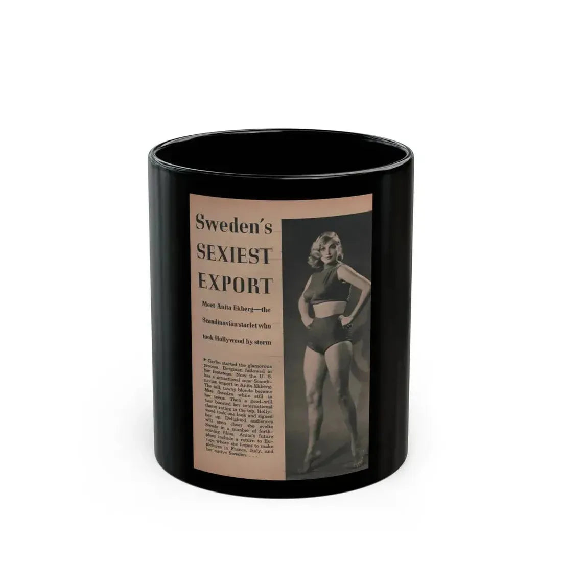 Anita Ekberg #411 - EYE Digest Mag. Nov. '53 - 1 Page & 1 B&W Photo (Vintage Female Icon) Black Coffee Mug 11oz - Go Mug Yourself