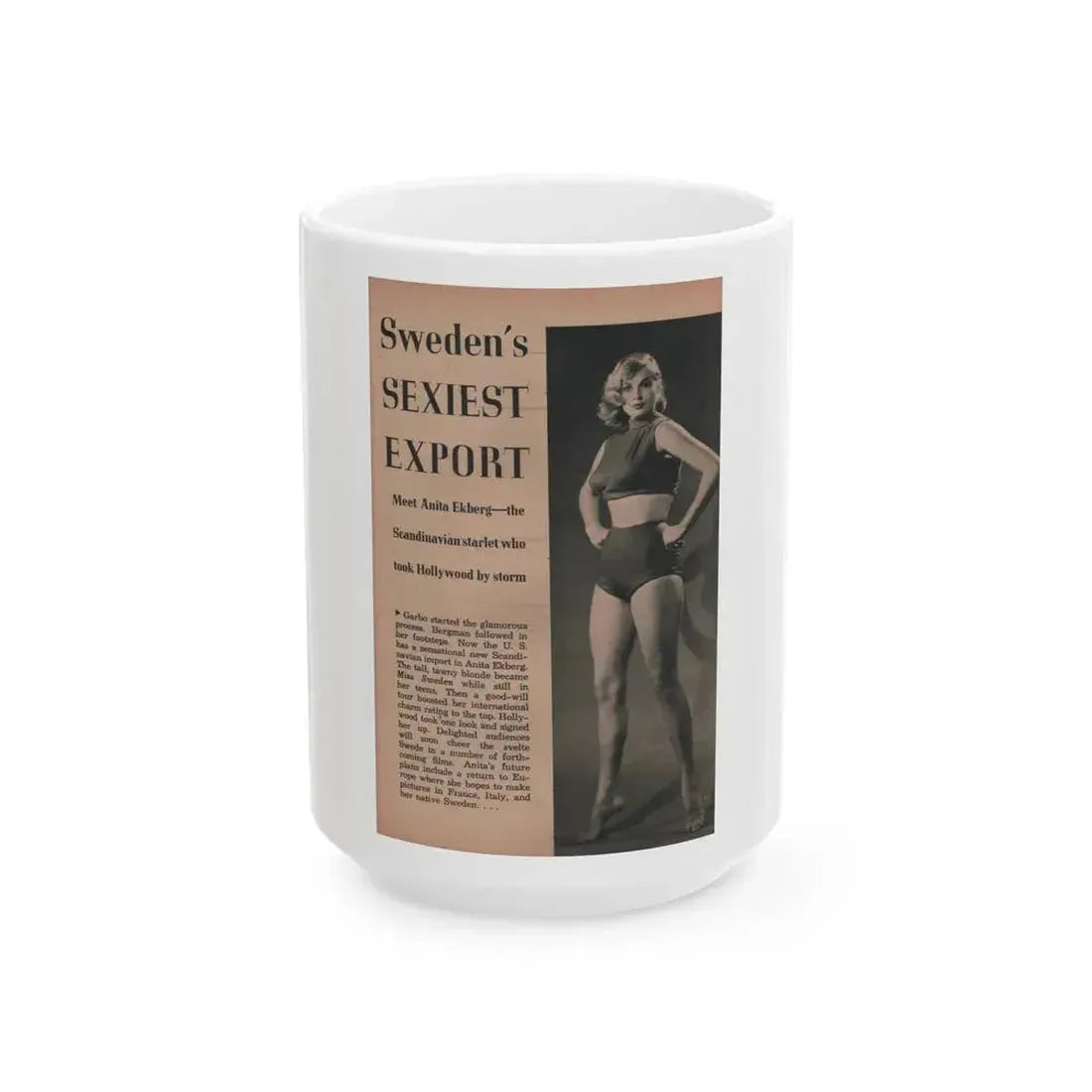 Anita Ekberg #411 - EYE Digest Mag. Nov. '53 - 1 Page & 1 B&W Photo (Vintage Female Icon) White Coffee Mug 15oz - Go Mug Yourself