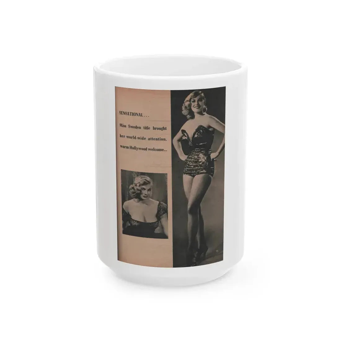 Anita Ekberg #415 - EYE Digest Mag. Nov. '53 - 1 Page, 2 B&W Pics & Caption (Vintage Female Icon) White Coffee Mug 15oz - Go Mug Yourself