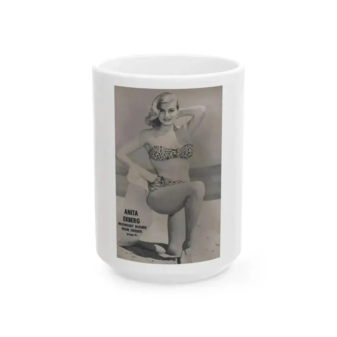 Anita Ekberg #417 - EYE Digest Mag. Jan. '54 - Reverse of Cover 1 B&W Photo (Vintage Female Icon) White Coffee Mug 15oz - Go Mug Yourself