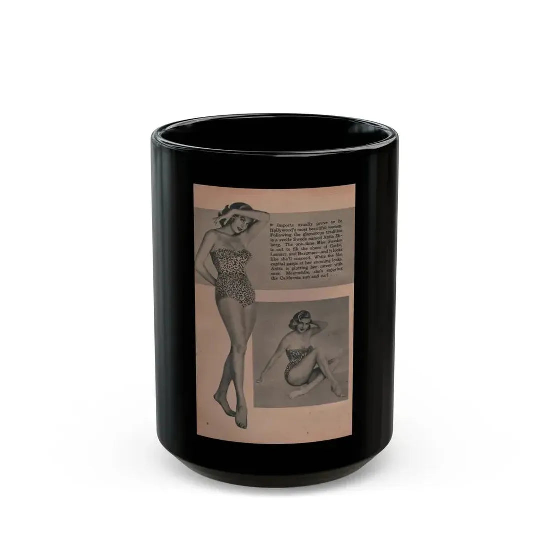 Anita Ekberg #419 - EYE Digest Mag. Jan. '54 - 1 Pages & 2 B&W Photos (Vintage Female Icon) Black Coffee Mug 15oz - Go Mug Yourself