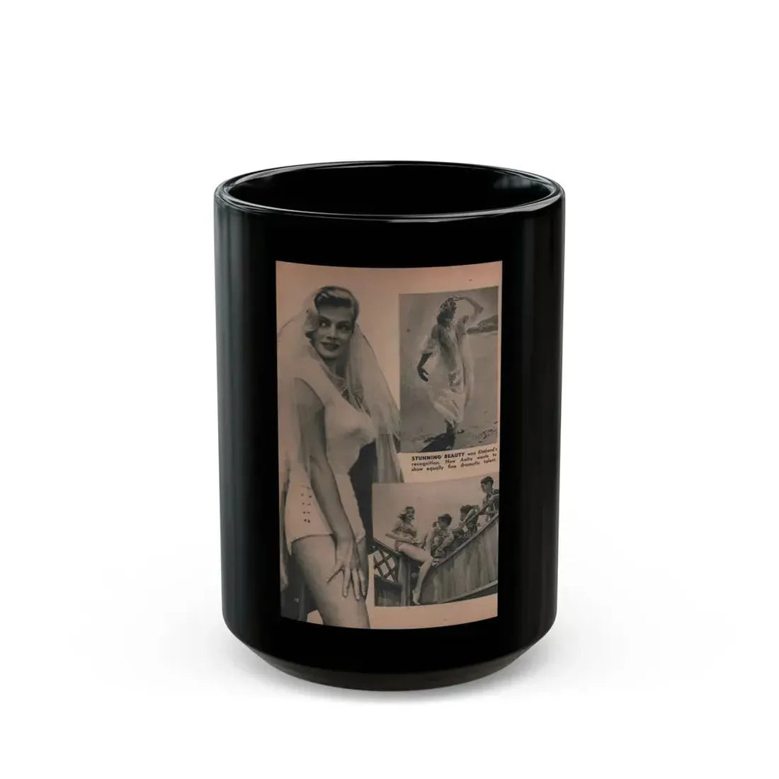 Anita Ekberg #422 - EYE Digest Mag. Jan. '54 - 1 Page, 3 B&W Pics+Caption (Vintage Female Icon) Black Coffee Mug - Go Mug Yourself