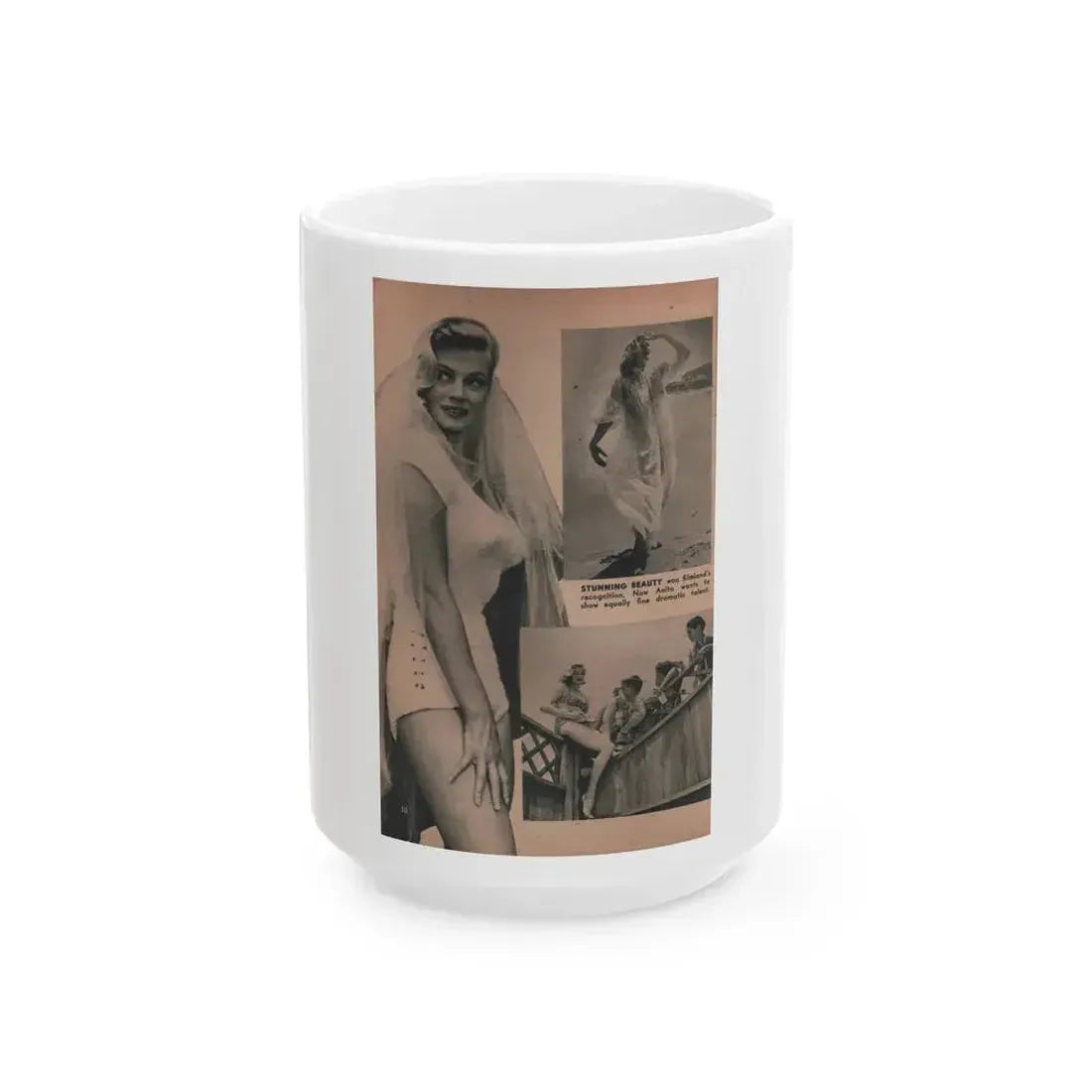 Anita Ekberg #422 - EYE Digest Mag. Jan. '54 - 1 Page, 3 B&W Pics+Caption (Vintage Female Icon) White Coffee Mug 15oz - Go Mug Yourself