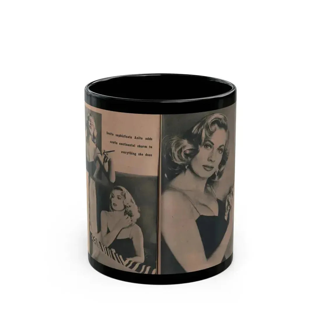 Anita Ekberg #437 - PHOTO Digest March '55 - 2 Pages, 3 B&W Photos & Caption (Vintage Female Icon) Black Coffee Mug 11oz - Go Mug Yourself