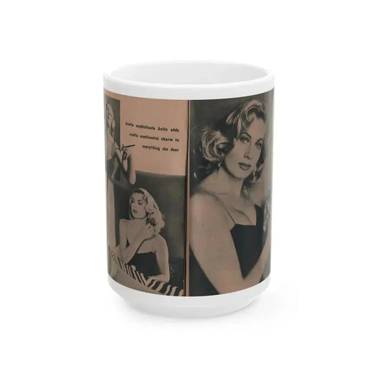 Anita Ekberg #437 - PHOTO Digest March '55 - 2 Pages, 3 B&W Photos & Caption (Vintage Female Icon) White Coffee Mug 15oz - Go Mug Yourself