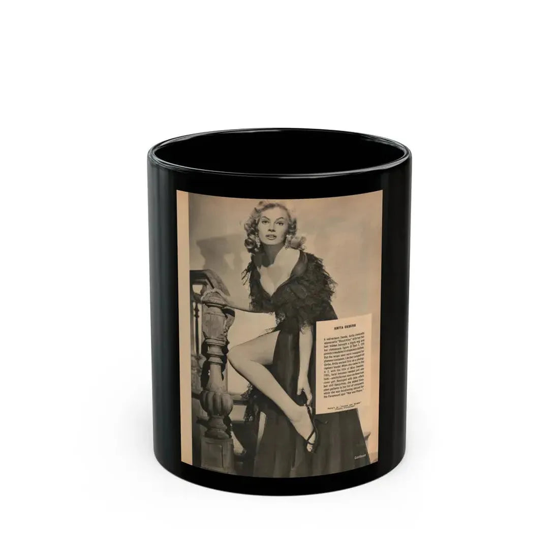 Anita Ekberg #439 - Vintage 8.5x10.5 B&W Full Page Pin-Up Circa 1950's (Vintage Female Icon) Black Coffee Mug 11oz - Go Mug Yourself