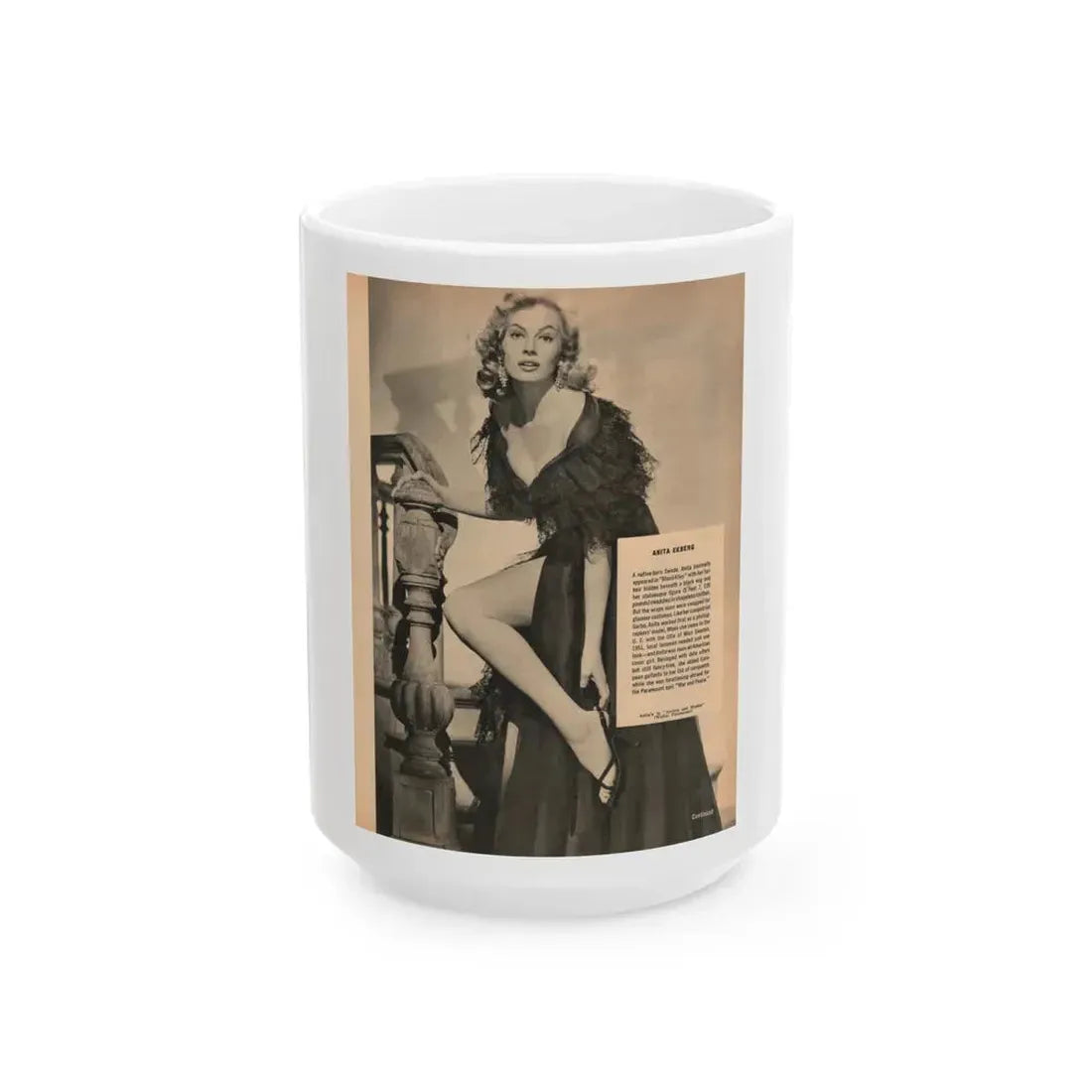 Anita Ekberg #439 - Vintage 8.5x10.5 B&W Full Page Pin-Up Circa 1950's (Vintage Female Icon) White Coffee Mug 15oz - Go Mug Yourself