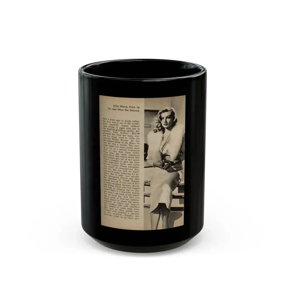 Anita Ekberg #440 - 1 B&W Photos, Caption & Article from JOY Digest Mag. February '60 (Vintage Female Icon) Black Coffee Mug 15oz - Go Mug Yourself