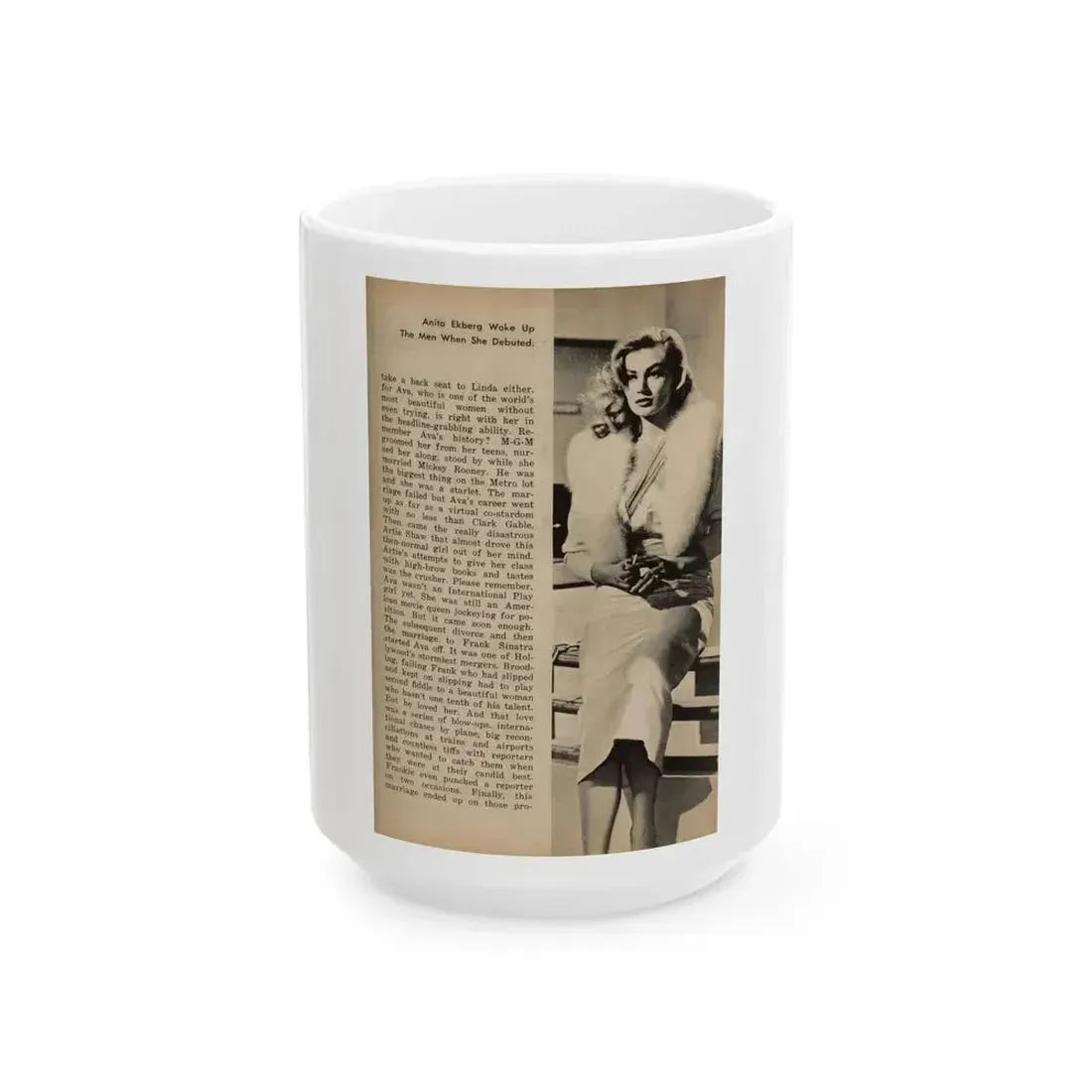 Anita Ekberg #440 - 1 B&W Photos, Caption & Article from JOY Digest Mag. February '60 (Vintage Female Icon) White Coffee Mug 15oz - Go Mug Yourself
