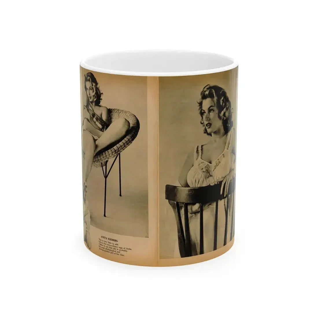 Anita Ekberg #443 - Bachelor Pin-Ups Issue #01 Mag. '57 - 2 Pages, 3 B&W Photos, Caption & Brief Article (Vintage Female Icon) White Coffee Mug 11oz - Go Mug Yourself