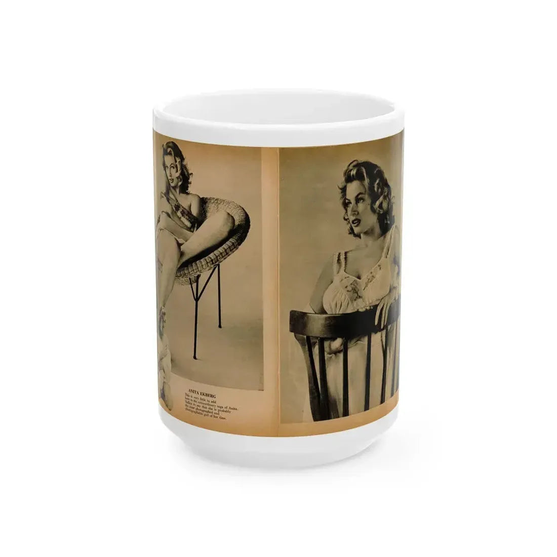 Anita Ekberg #443 - Bachelor Pin-Ups Issue #01 Mag. '57 - 2 Pages, 3 B&W Photos, Caption & Brief Article (Vintage Female Icon) White Coffee Mug 15oz - Go Mug Yourself