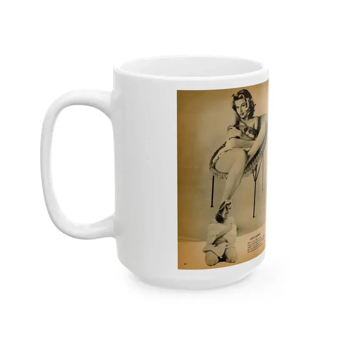 Anita Ekberg #443 - Bachelor Pin-Ups Issue #01 Mag. '57 - 2 Pages, 3 B&W Photos, Caption & Brief Article (Vintage Female Icon) White Coffee Mug - Go Mug Yourself