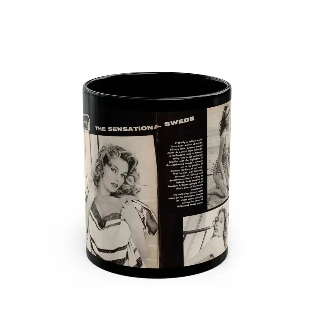 Anita Ekberg #449 - 2 Pages, 3 B&W Photos, Headline & Short Article from After Hours Vol. 1, No. 4 '57 Mag. (Vintage Female Icon) Black Coffee Mug 11oz - Go Mug Yourself