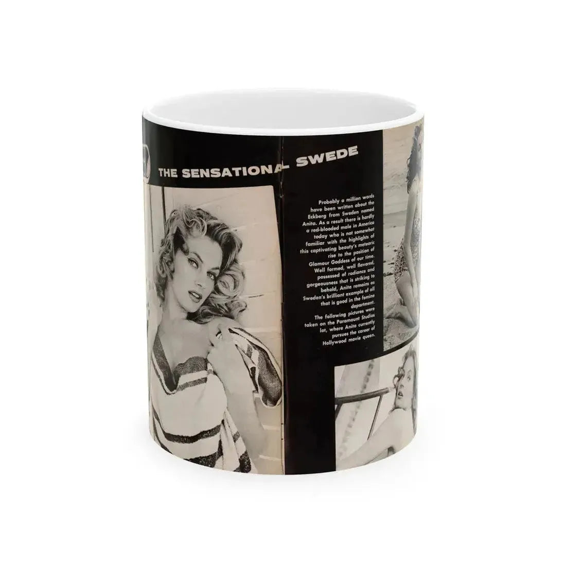 Anita Ekberg #449 - 2 Pages, 3 B&W Photos, Headline & Short Article from After Hours Vol. 1, No. 4 '57 Mag. (Vintage Female Icon) White Coffee Mug 11oz - Go Mug Yourself