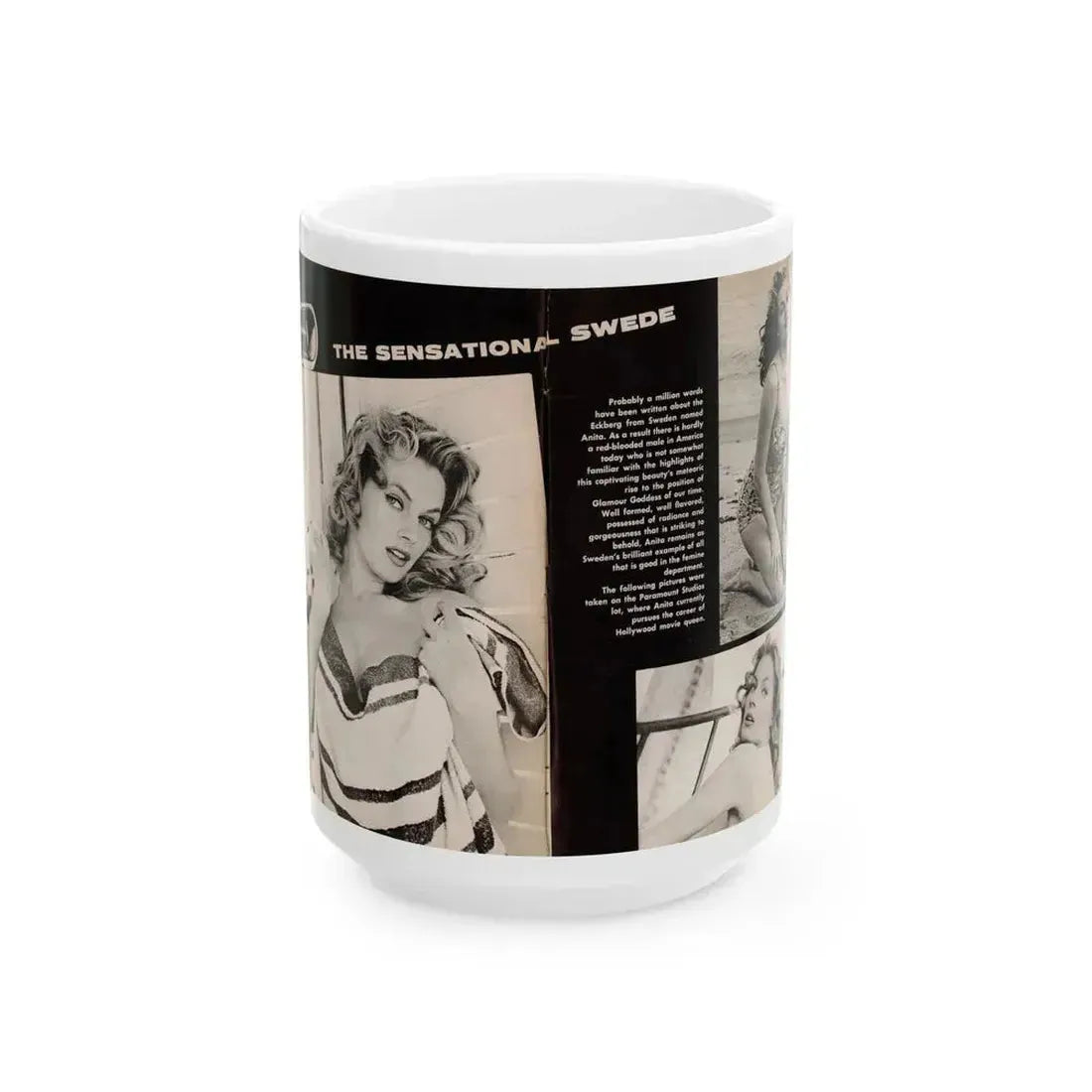 Anita Ekberg #449 - 2 Pages, 3 B&W Photos, Headline & Short Article from After Hours Vol. 1, No. 4 '57 Mag. (Vintage Female Icon) White Coffee Mug 15oz - Go Mug Yourself
